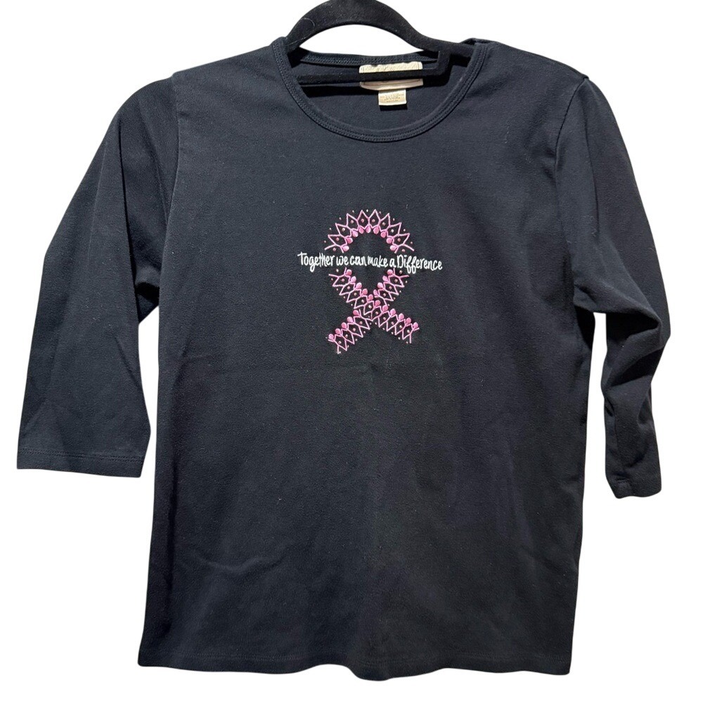 Y2K Black 3/4 Sleeve T Shirt Pink Ribbon Breast Cancer Awareness Medium Women
